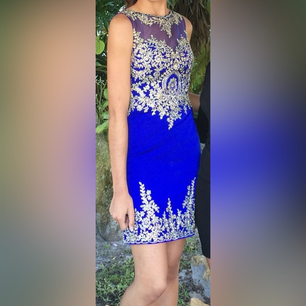 Short Embroidered Dresses COLOR: ROYAL BLUE/ GOLD